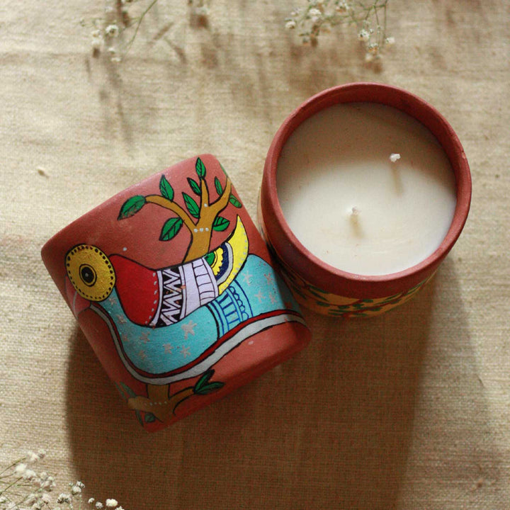Hand-Painted Bird Madhubani Terracotta Candle Jars