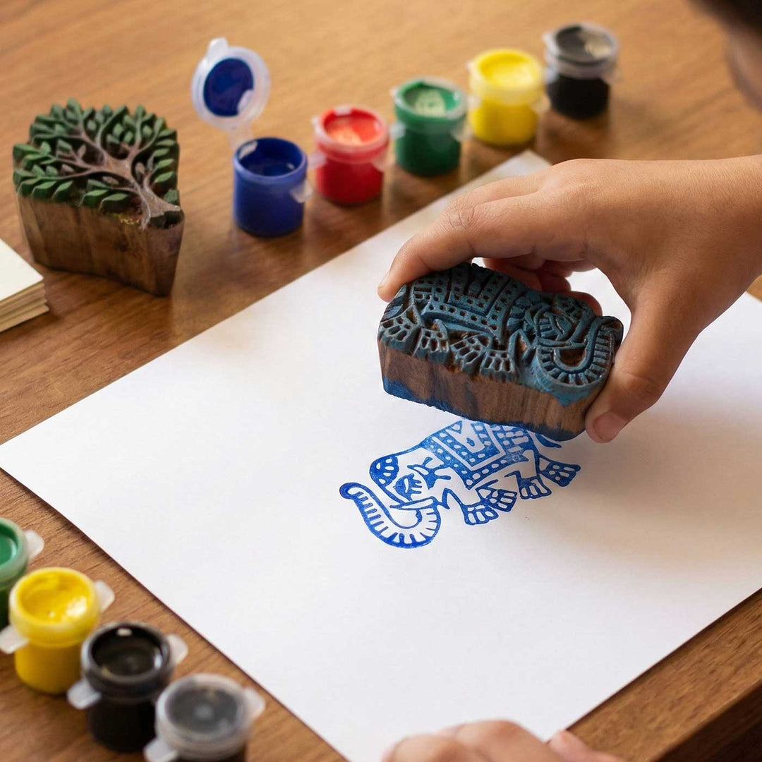 The Elephants and Hare Panchatantra Block Printing DIY Kit | 5 Stamps, Poster Colours, Painting Brush, Printing Pads, Story Cards  And Jute String