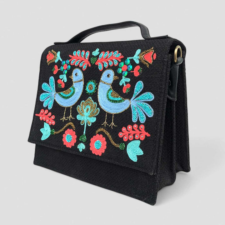 Handmade Embroidered Bird Design Black Matrix Sling Bag
