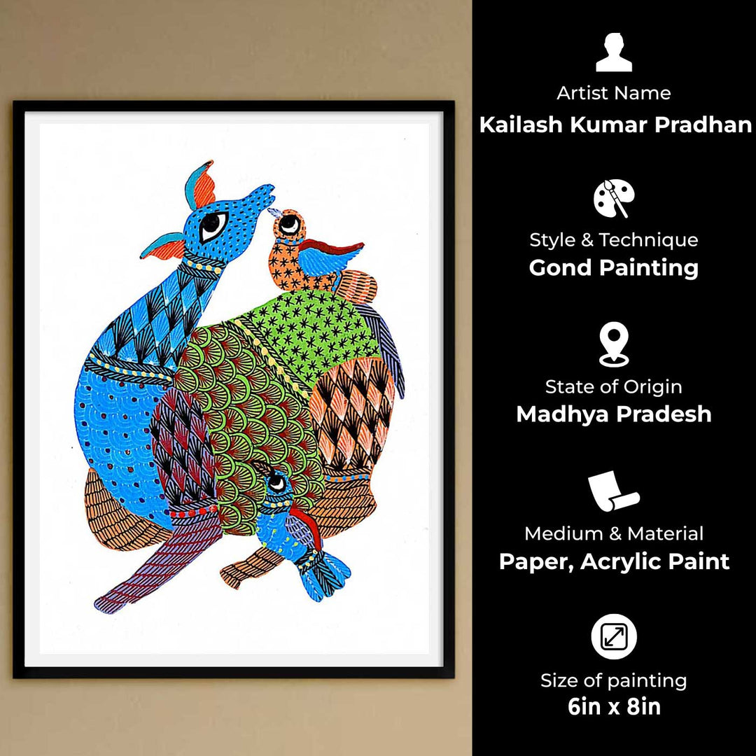 6 x 8 Inch | Deer & Birds | Original Hand painted Tribal Gond Art Painting | Acrylic Paints On Paper
