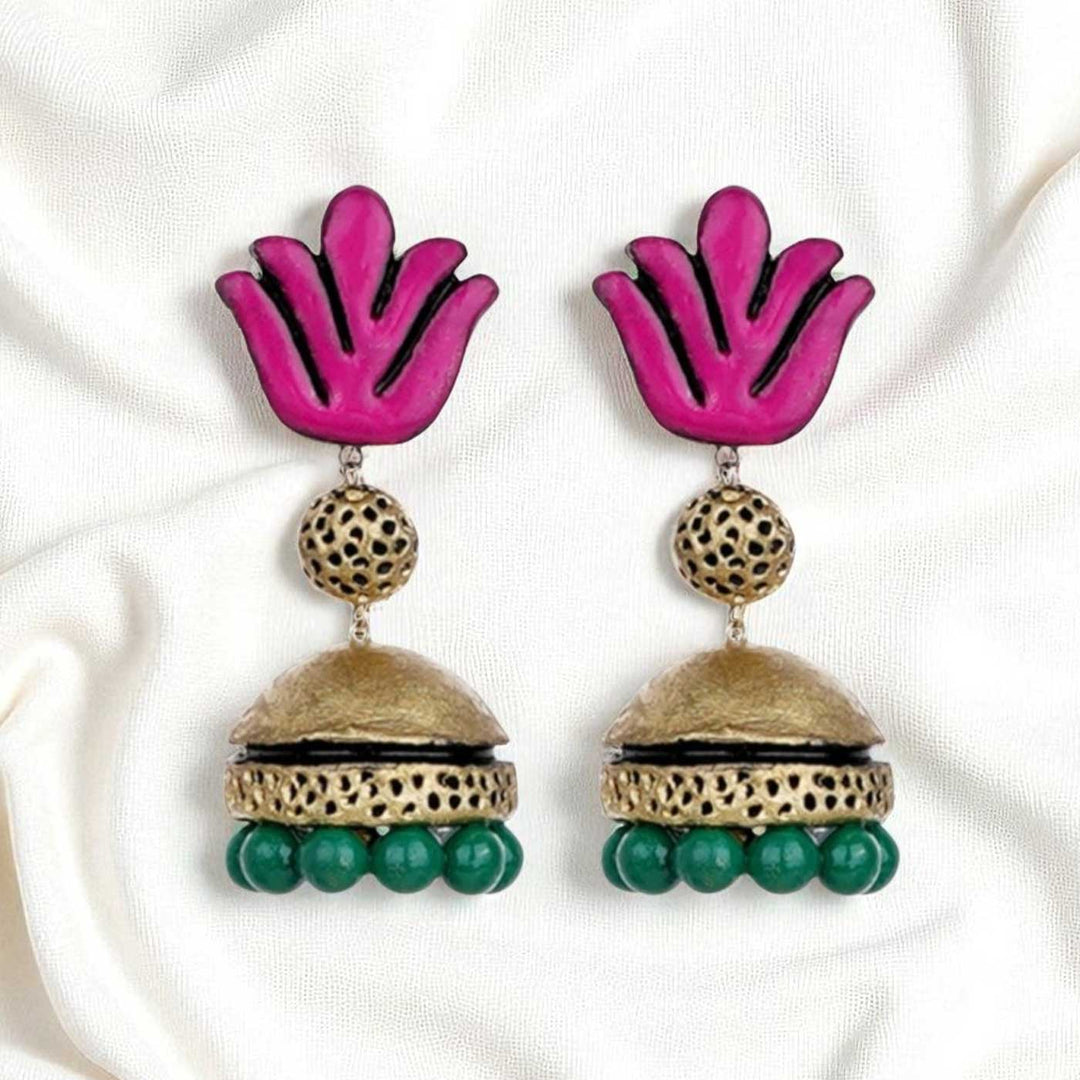 Handmade Beaded Blooming Lotus Terracotta Earrings