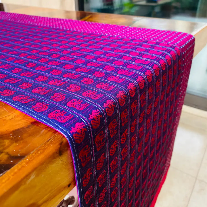 Handmade Purple Elephant & Peacock Design Khunn Fabric Cotton Table Runner | 12 x 60 Inch