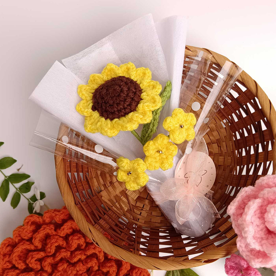 Handmade Crochet Sunflower Mini Flower Bouquet | Includes Photo & Greeting Card