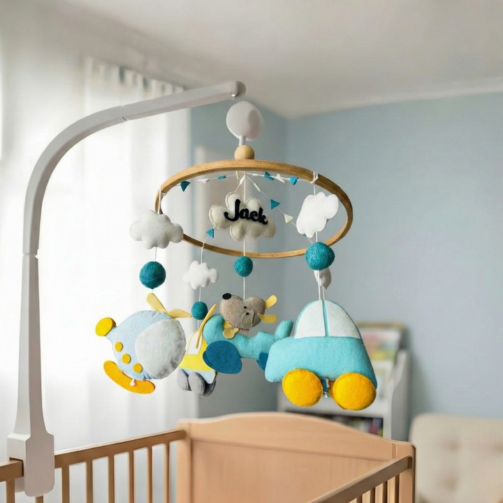 Personalised Handmade Wings & Wheels Wonderland Felt Cot Mobile For Newborns