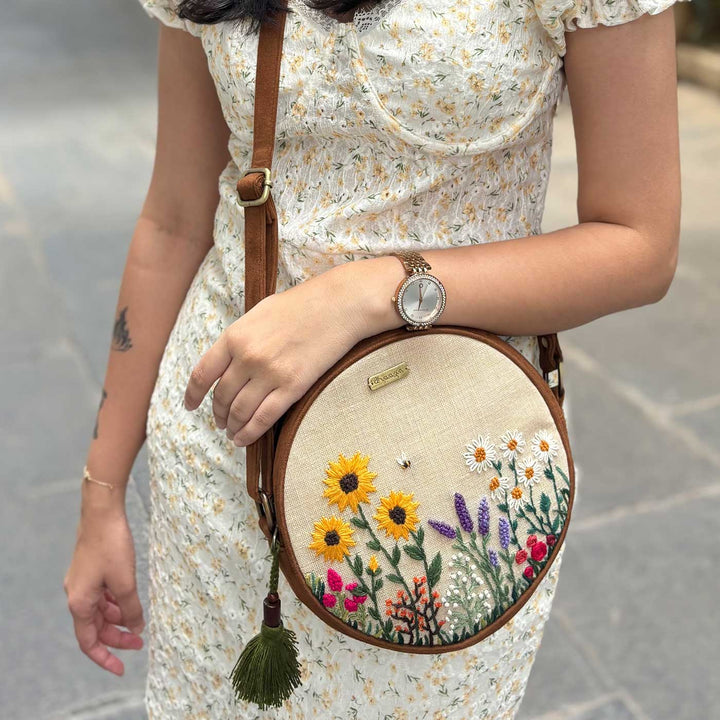 Personalized Embroidered Bee & Wildflowers Round Sling Bag