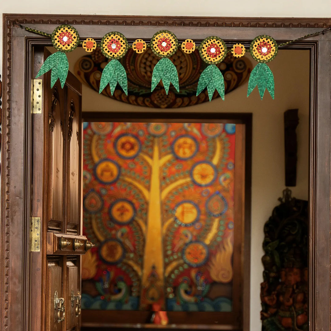 Multicoloured Mirror Embellished Eco-Friendly Handmade Woven Bamboo Hanging | 41 Inch x 9 Inch