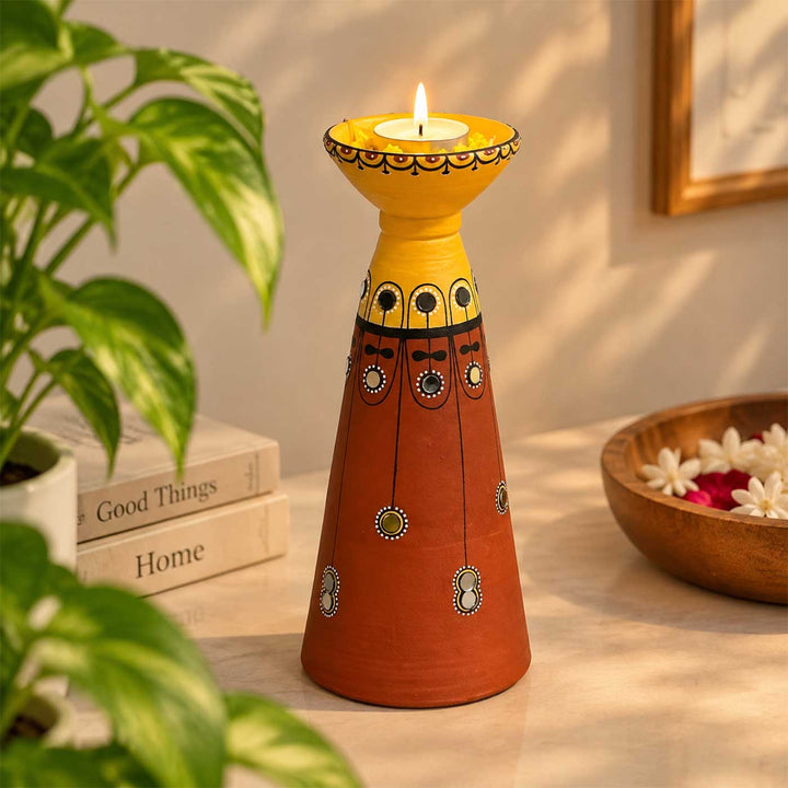 Natural Finish Hand-Painted Terracotta Long Diya Tealight Holder For Festive Decor