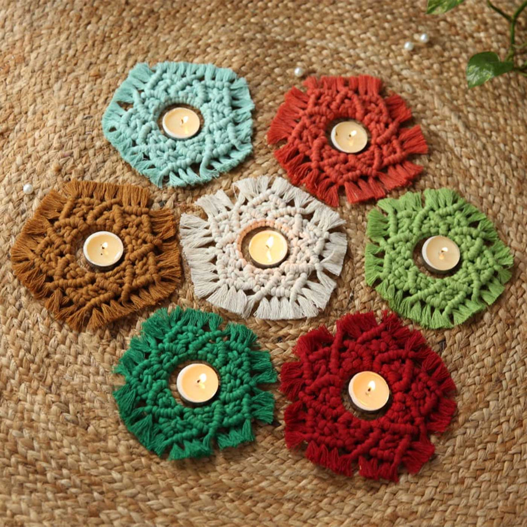 Handmade Macrame Rangoli Design Cotton Tealight Holder | Includes 7 Holders And 10 Tea Light Candles