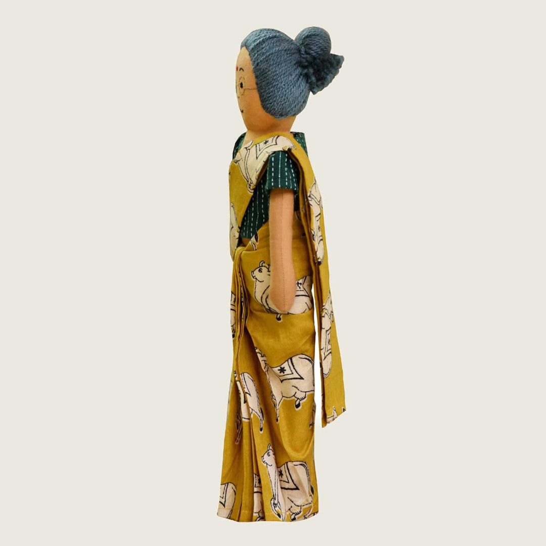 Nilah's Patti (Grandmother) In Yellow & Green Saree | Soft Hand-Stitched Sustainable Indian Play Doll