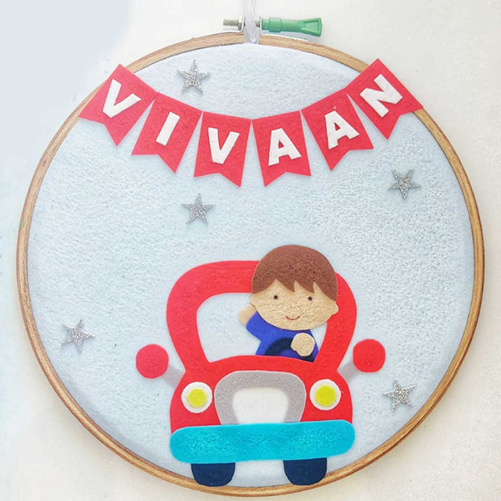 Personalized Handmade Boy And Car Theme Felt Hoop Name Plate - Hanging with Personalized Name Banner