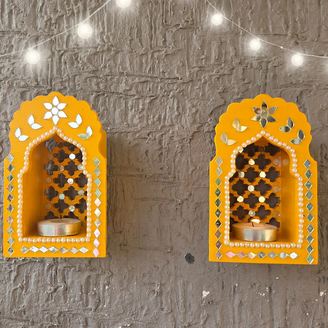 Hand-Painted Mirror Work Morrocon Mini Jharokha Tealight Holder | Set Of 2