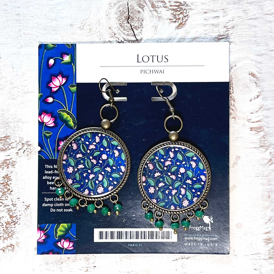 Blue Floral Pichwai Lotus Design Metal Earrings