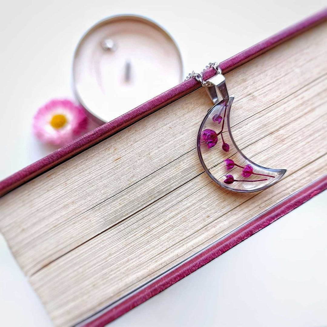 Pink Preserved Flower Luna Moon Shape Stainless Steel Necklace