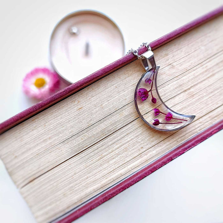 Pink Preserved Flower Luna Moon Shape Stainless Steel Necklace