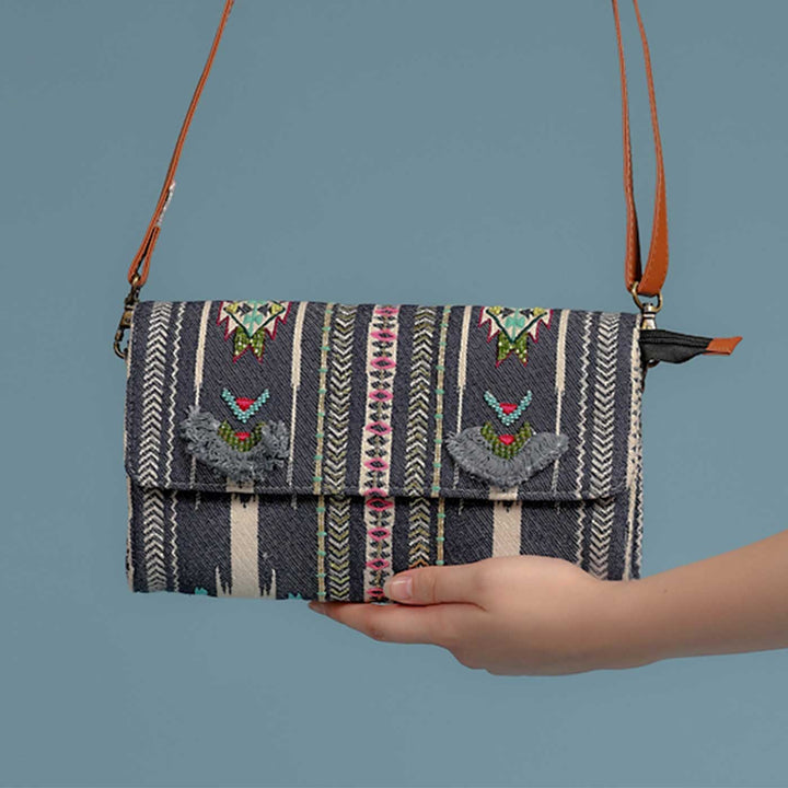 Handmade Embroidered Grey Color Jacquard Sling Bag