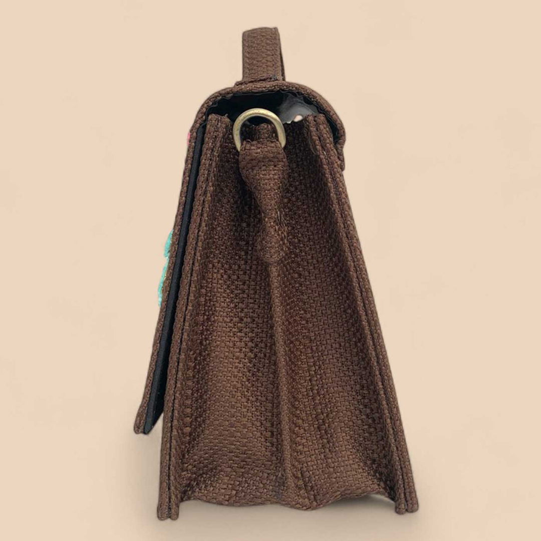 Handmade Embroidered Bird Design Brown Matrix Sling Bag