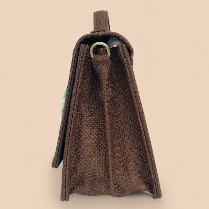 Handmade Embroidered Bird Design Brown Matrix Sling Bag