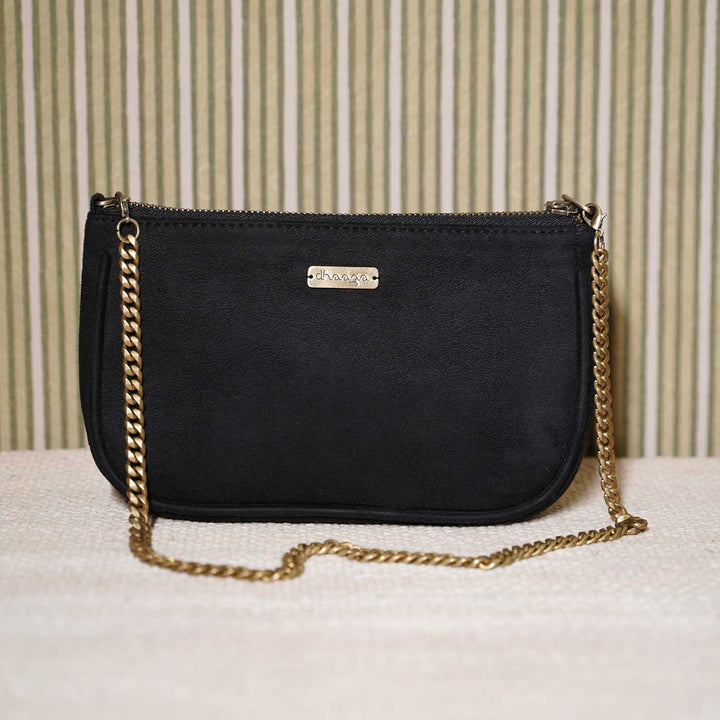 Hand Embroidered Rosette Black Baguette Bag