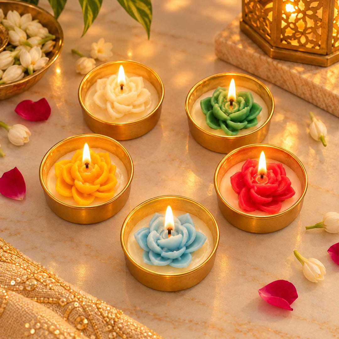 5 pc | Lotus Soy Wax Tealight Candle With Iron Holder