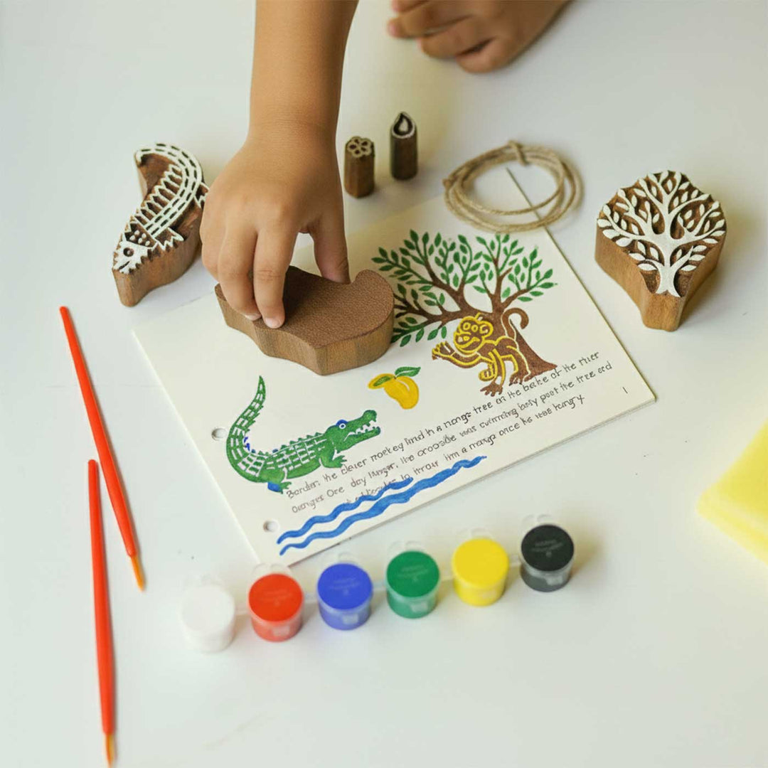 The Monkey and the Crocodile Panchatantra Block Printing DIY Kit | 5 Stamps, Poster Colours, Painting Brush, Printing Pads, Story Cards  And Jute String