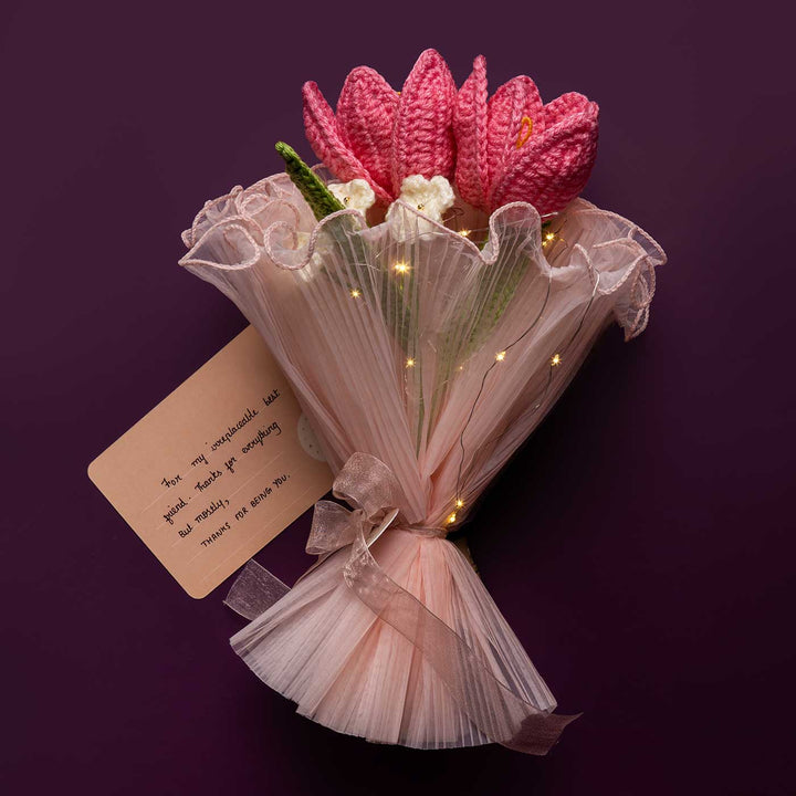 Handmade Crochet Misty Pink Flower Bouquet With Lights | Includes Photo & Greeting Card