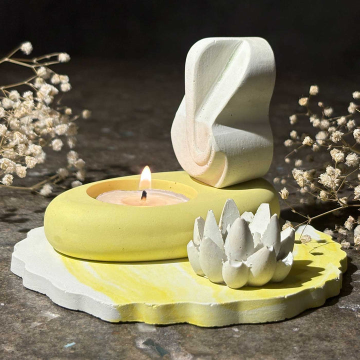 Handmade Solaria Concrete Gift Hamper | Includes 1 Pebble Candle Holder, 1 Small Ganesha, 1 Succulent, 1 Mini Base