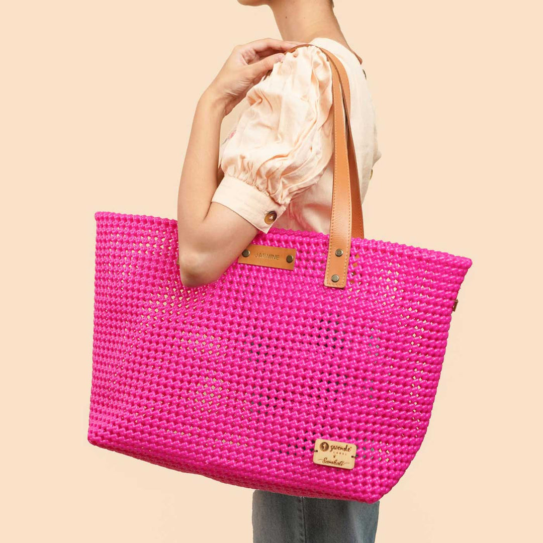 Hot Pink Solid Mukhya Knot Handmade Koodai Beach Bag