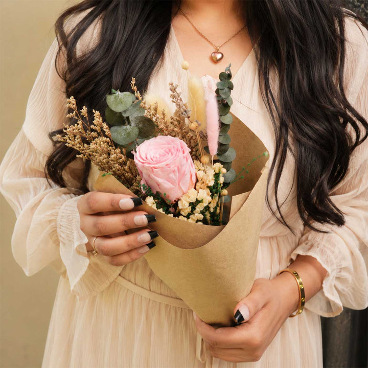 Blush & Bloom Real Pink Rose With Dried Flower Bouquet