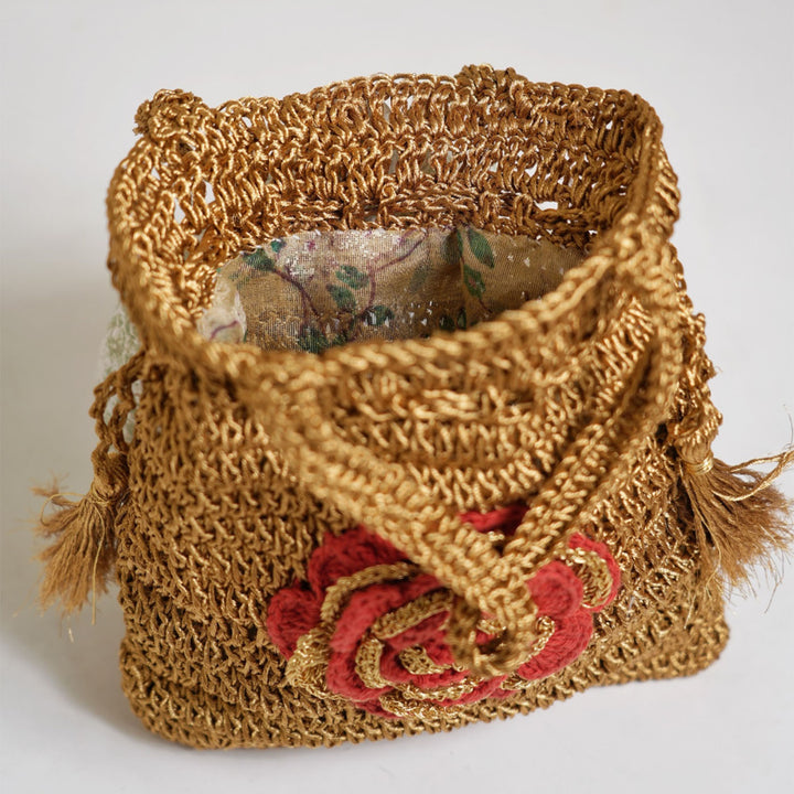 Handmade Crochet Floral Golden Potli