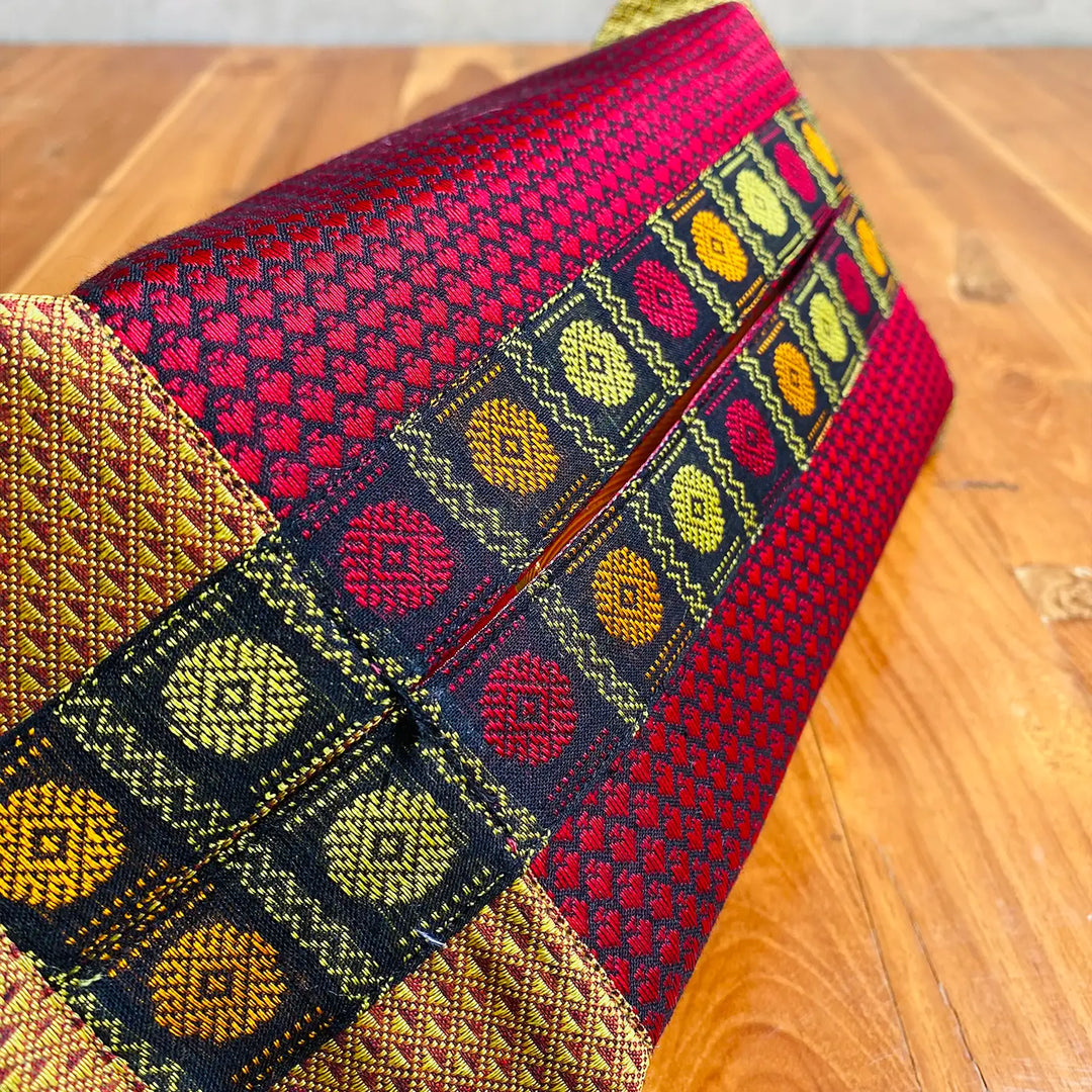 Handmade Red & Gold Rudraksha Design Khunn Fabric Cotton Tissue Box Cover