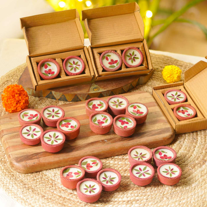24 Diyas | Handmade Soy Wax & Dry Flower Festive Diyas | 12 Boxes, 2 Diyas per Box