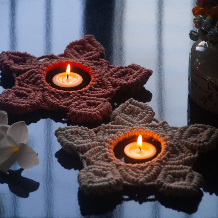 Handcrafted Festive Macrame Tealight Holders - Set of 4