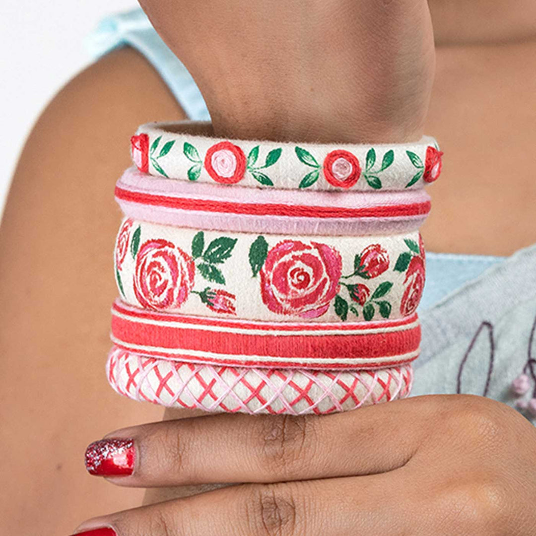 Red & White Handcrafted Rose Bangles | Set of 5