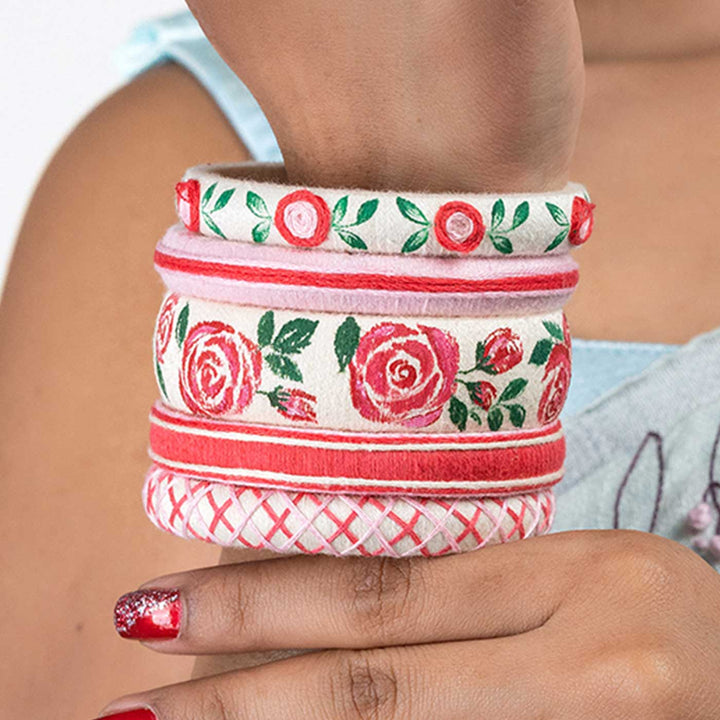 Red & White Handcrafted Rose Bangles | Set of 5