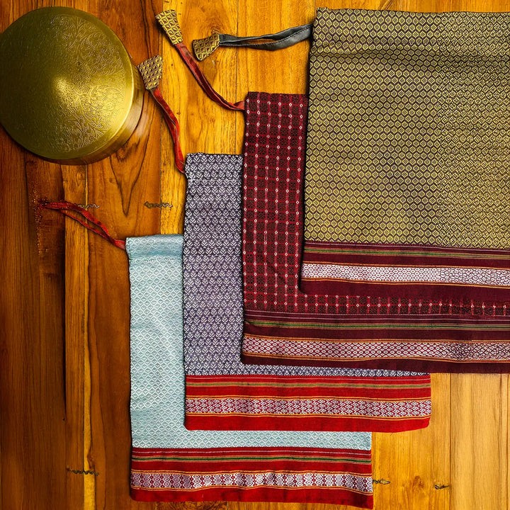 Assorted Handmade Thamboolam Khunn Fabric Cotton Potli | Set Of 4