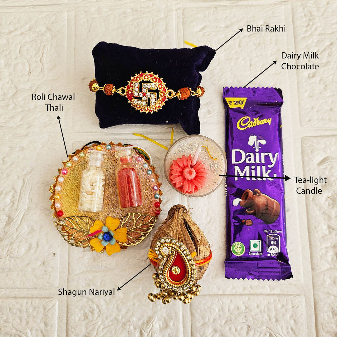 Handmade Beaded Swastik Rakhi Gift Hamper With Roli Chawal For Brother
