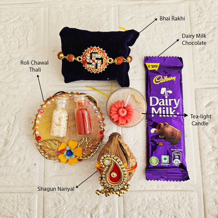 Handmade Beaded Swastik Rakhi Gift Hamper With Roli Chawal For Brother