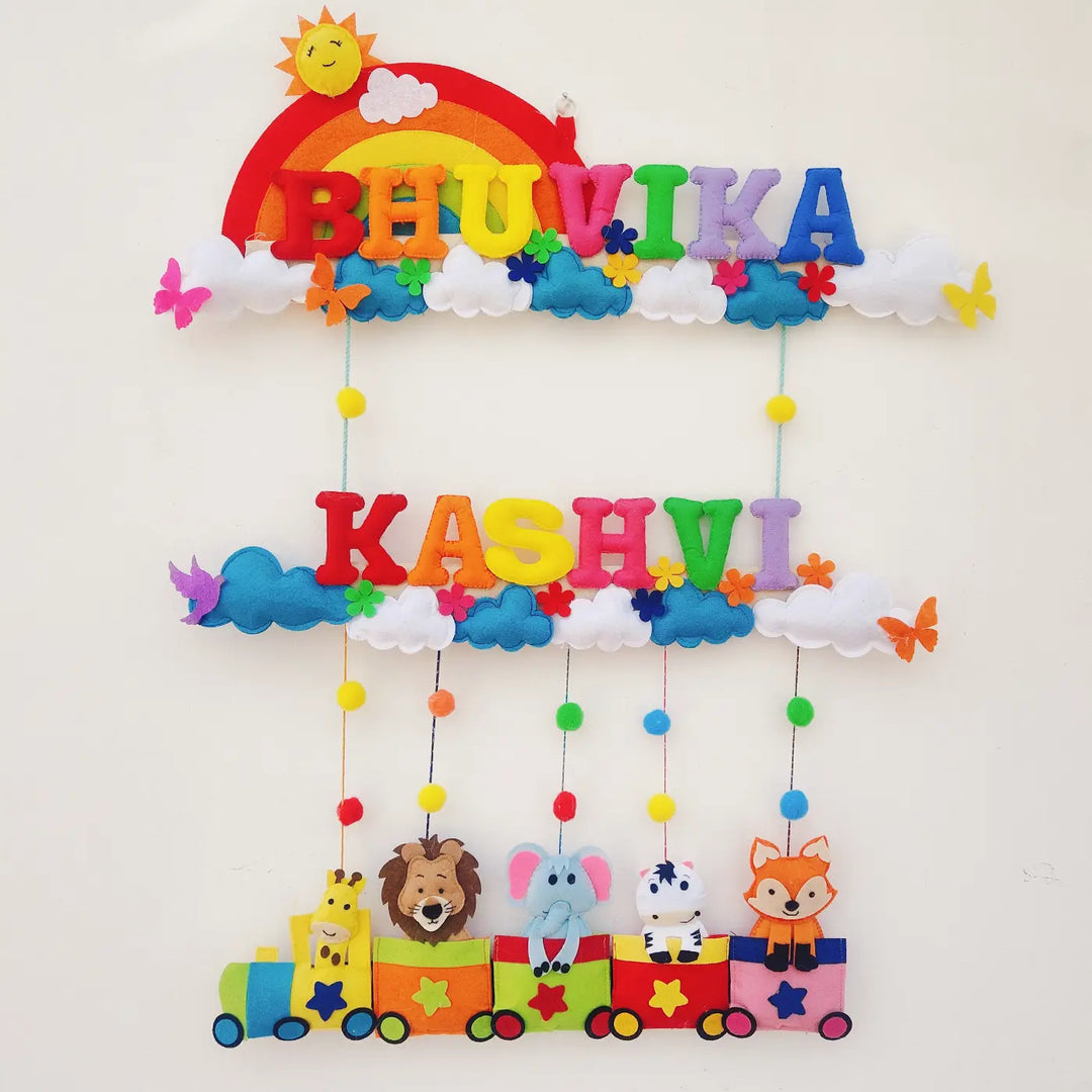 Personalized Rainbow & Animal Train Theme Felt Kids Name Plate