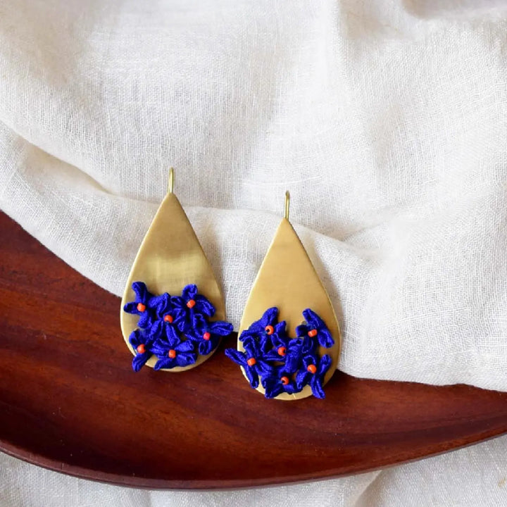 Handmade Textile Art Floral Drop Shaped Dupion Silk Fabric Earrings