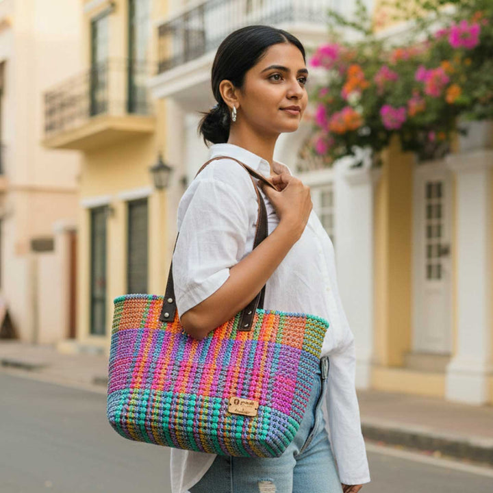 Multicolor Madras Checks Mukhya Knot Handmade Koodai Market Bag