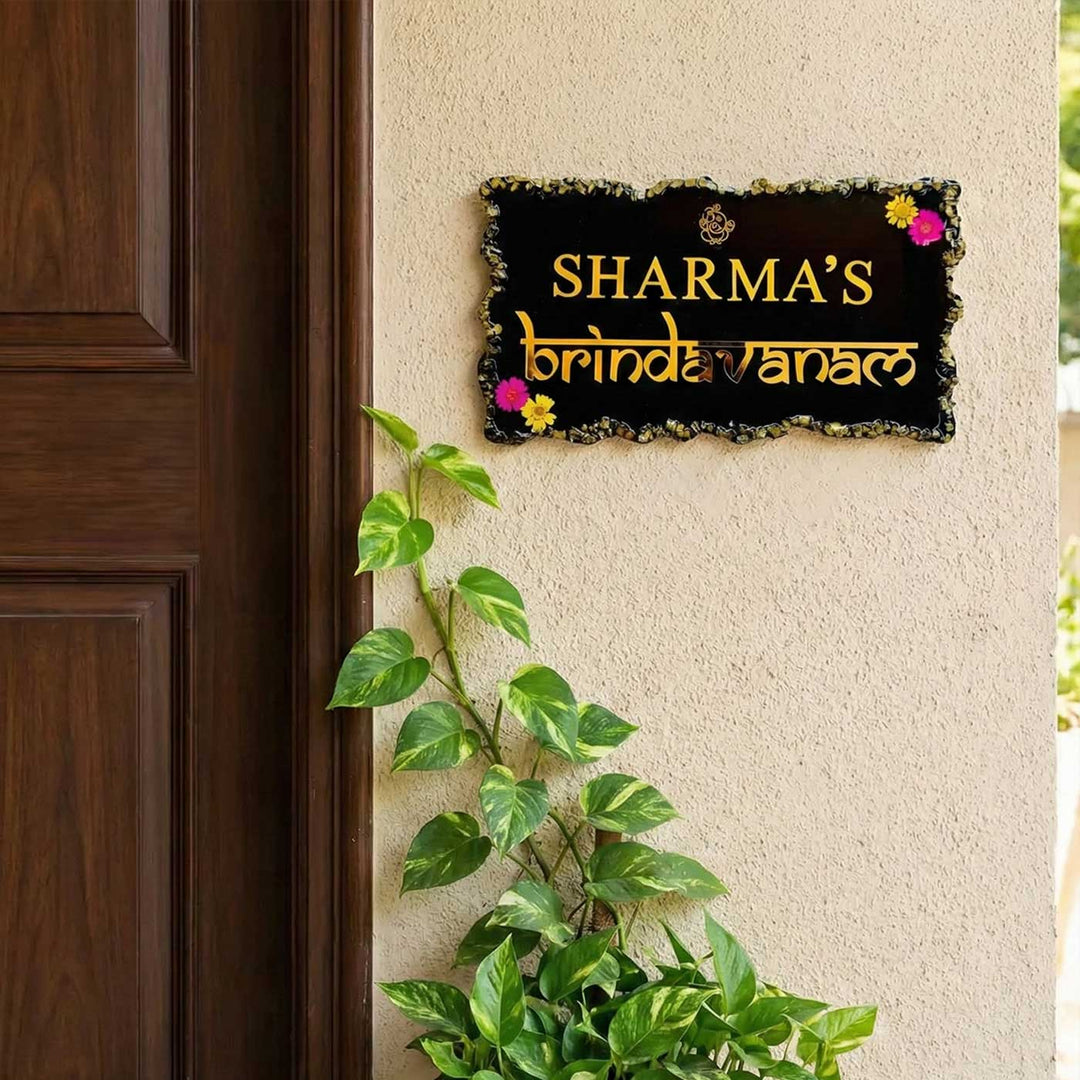 Black Personalized Rectangle Resin Name Plate | With 3D Acrylic Letters & Gold Stone Embellishment