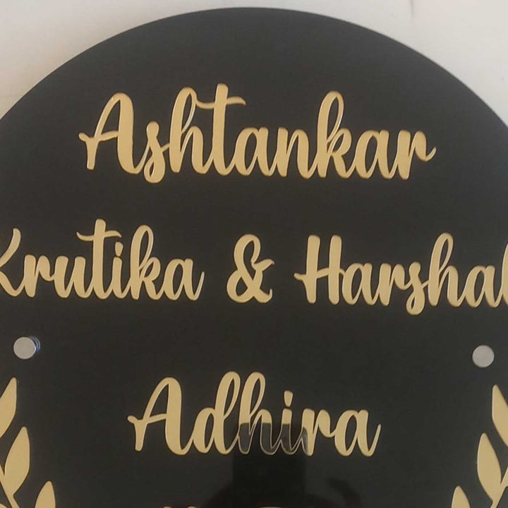 Black Minimal Acrylic Circular Leaf Personalized Name Plate