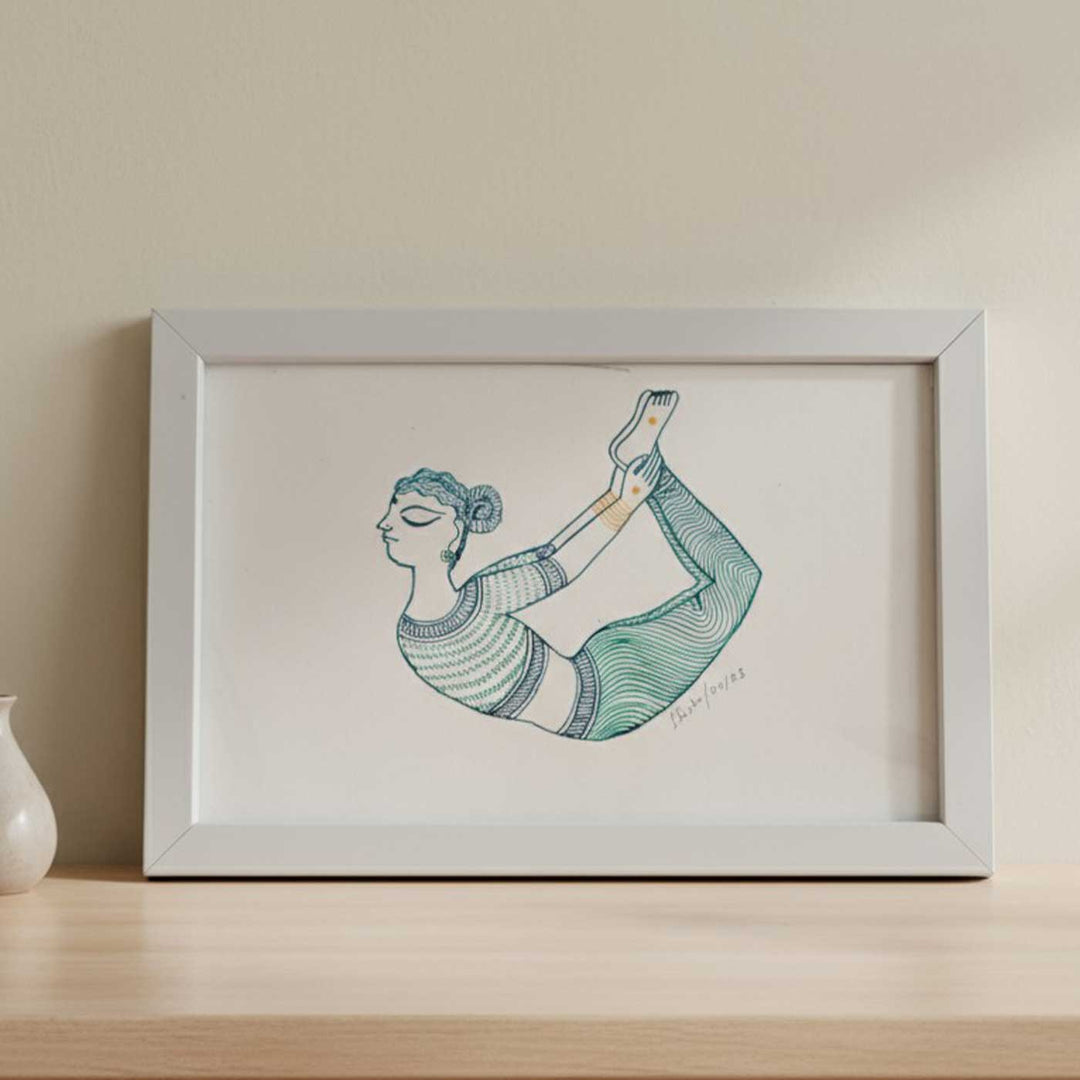 6 x 9 Inch | Dhanurasan Yoga Pose | Minimalist Black & White Mudhubani Style Line Drawing With Frame