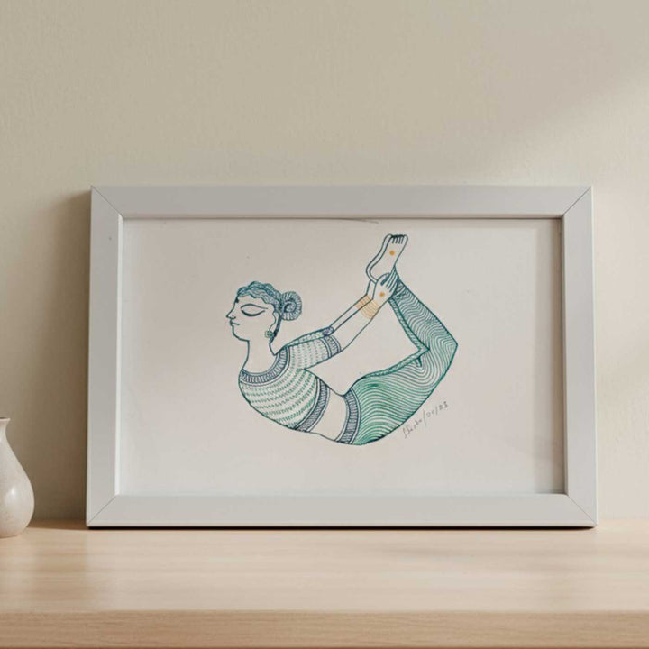 6 x 9 Inch | Dhanurasan Yoga Pose | Minimalist Black & White Mudhubani Style Line Drawing With Frame