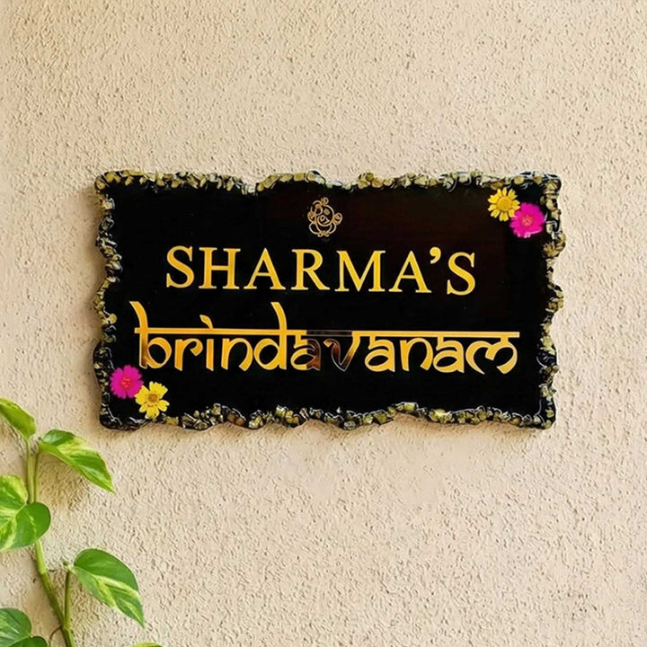 Black Personalized Rectangle Resin Name Plate | With 3D Acrylic Letters & Gold Stone Embellishment