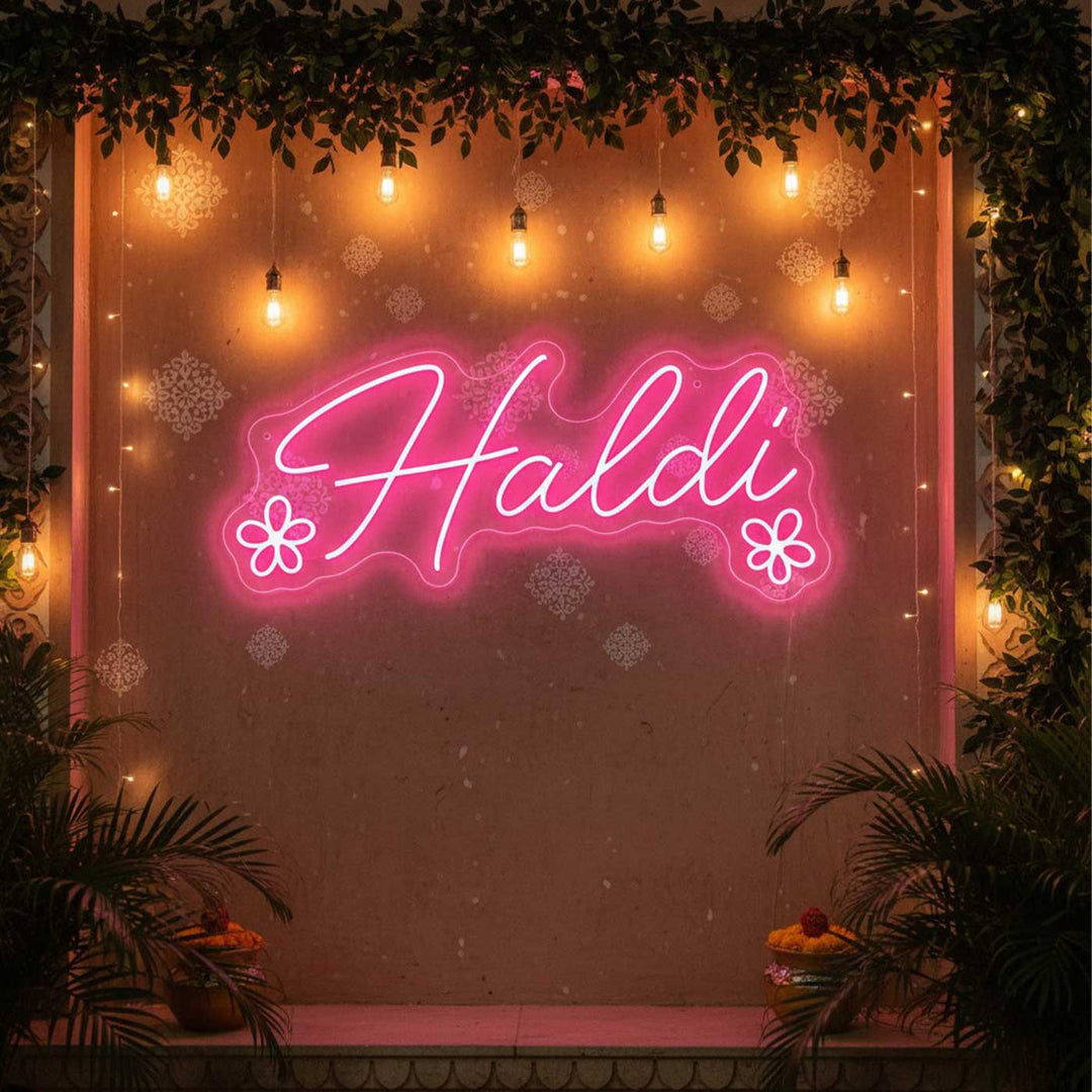 Personalized Handmade "Haldi" Neon Light Sign Board with Floral Motifs for Wedding Decor