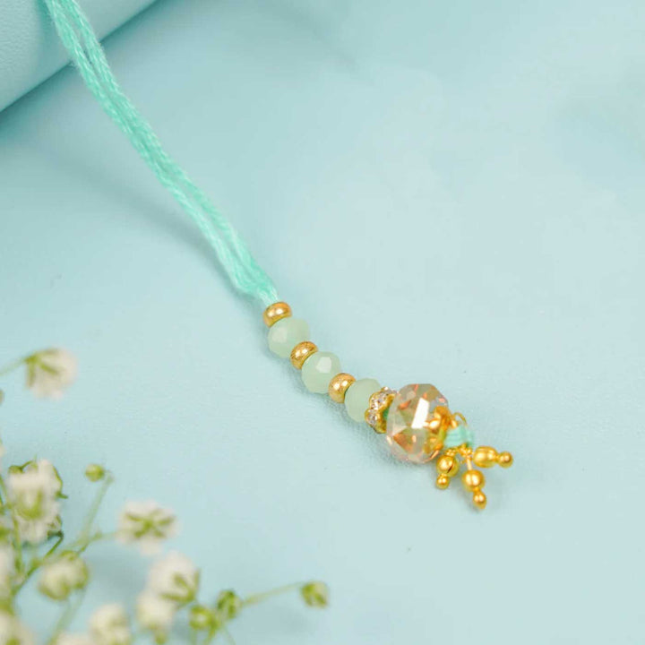 Handmade Sea Green Jadtar Beaded Lumba Rakhi for Bhabhi With Roli Chawal