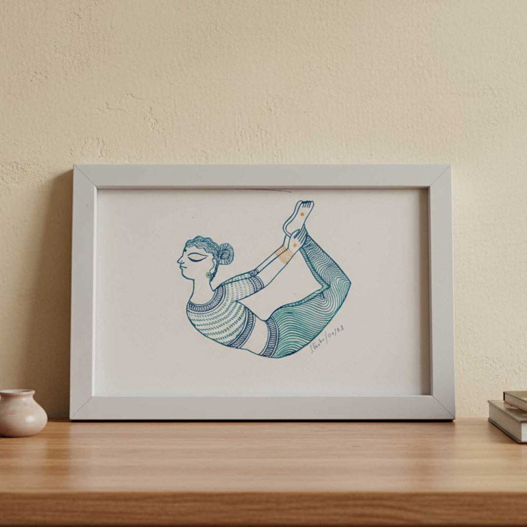 6 x 9 Inch | Dhanurasan Yoga Pose | Minimalist Black & White Mudhubani Style Line Drawing With Frame