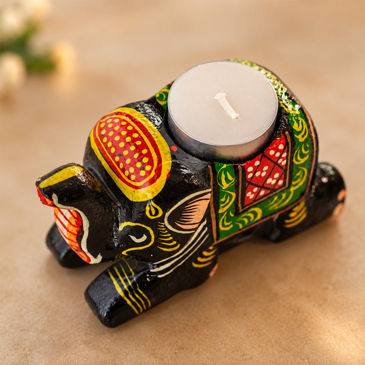 Handmade Black Elephant 3D Special Wooden Tealight Holder For Festive Golu Decor