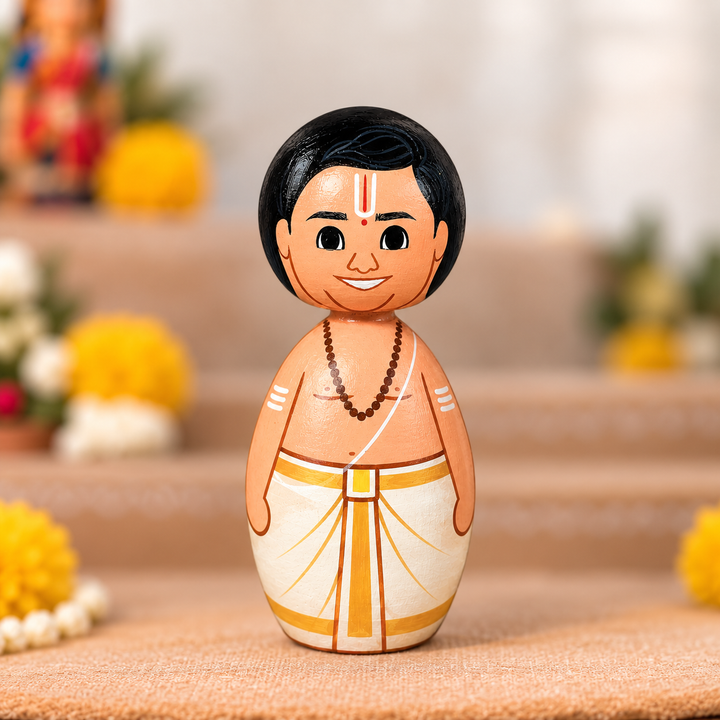 "Pandit Couple" Themed Handpainted Wooden Doll For Golu/Festive Decor